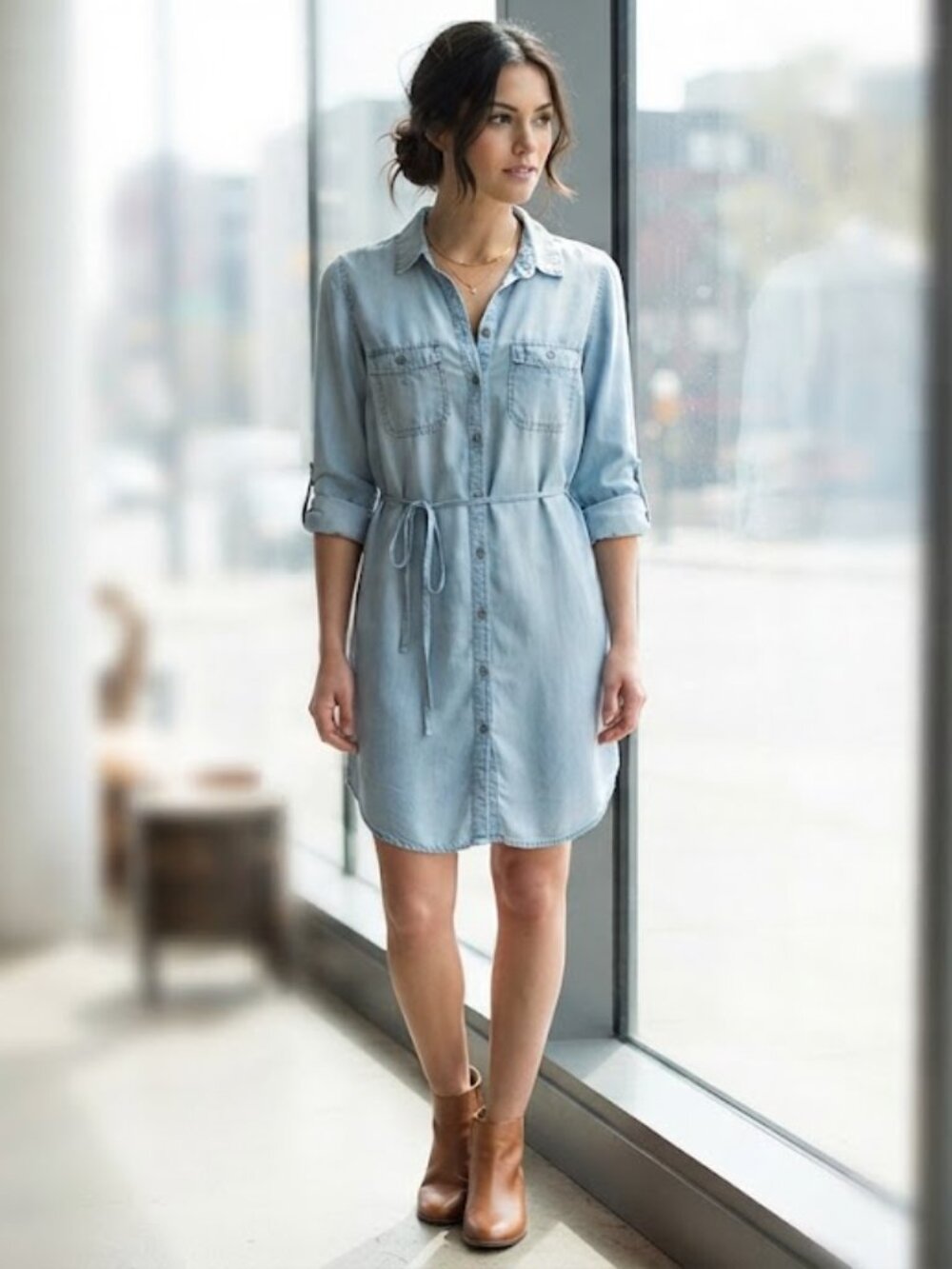 2016 DENIM by PARASUCO Montreal Belted Light Blue Wash Tencel Shirt Dress Size M